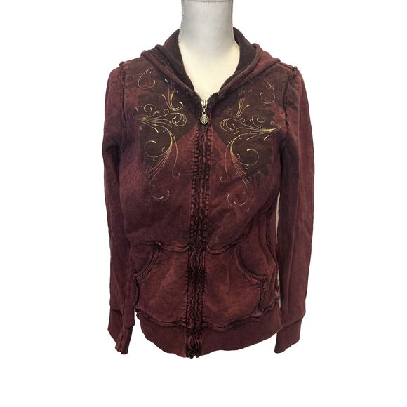 Vintage Y2K Sinful Hoodie Xl Women's Maroon Wings Feathers Gold Metallic - Picture 10 of 10